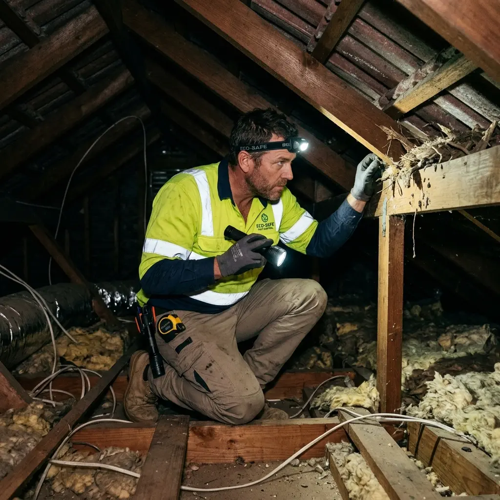 Technician inspecting a roof cavity for a dead animal in Nunawading